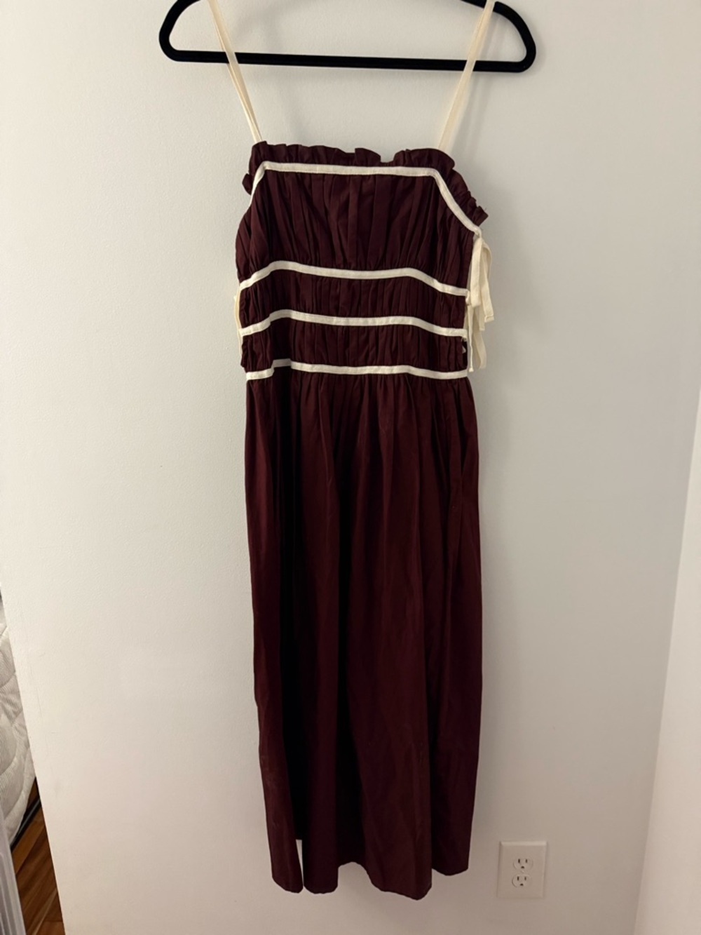 Burgundy Maxi Dress with Cream Trim and Adjustable Straps